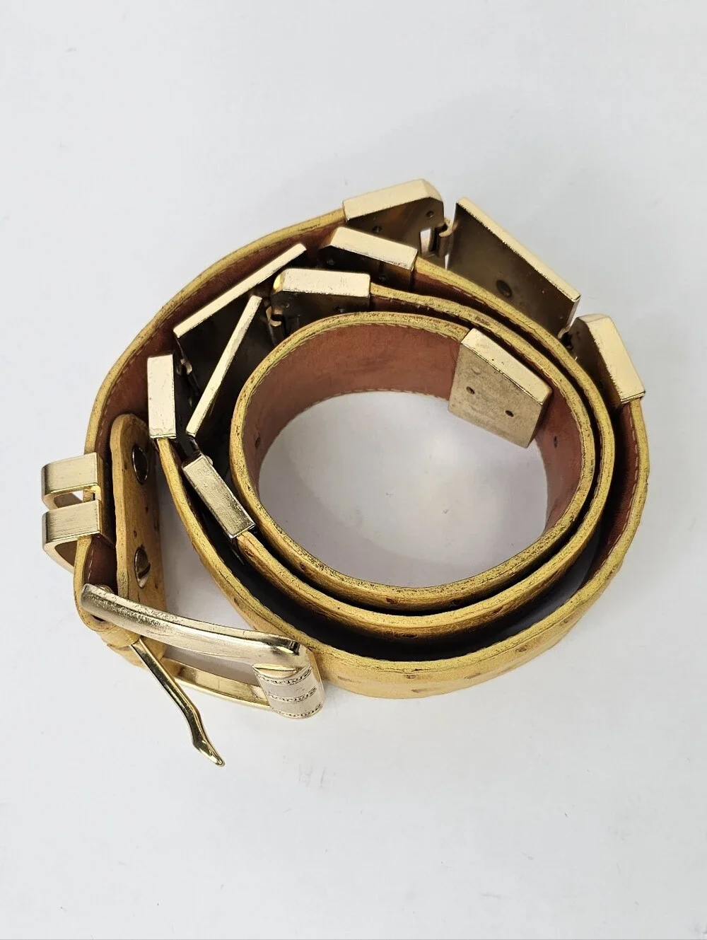 Yellow Gold Ostrich Medallion Leather Belt 40
